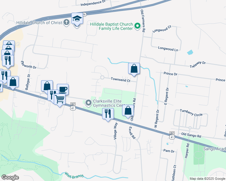 map of restaurants, bars, coffee shops, grocery stores, and more near 2601 Wilson Road in Clarksville