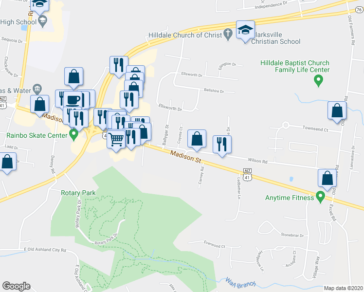 map of restaurants, bars, coffee shops, grocery stores, and more near 2455 Wilson Road in Clarksville