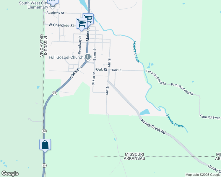 map of restaurants, bars, coffee shops, grocery stores, and more near 712 Mill Street in Southwest City