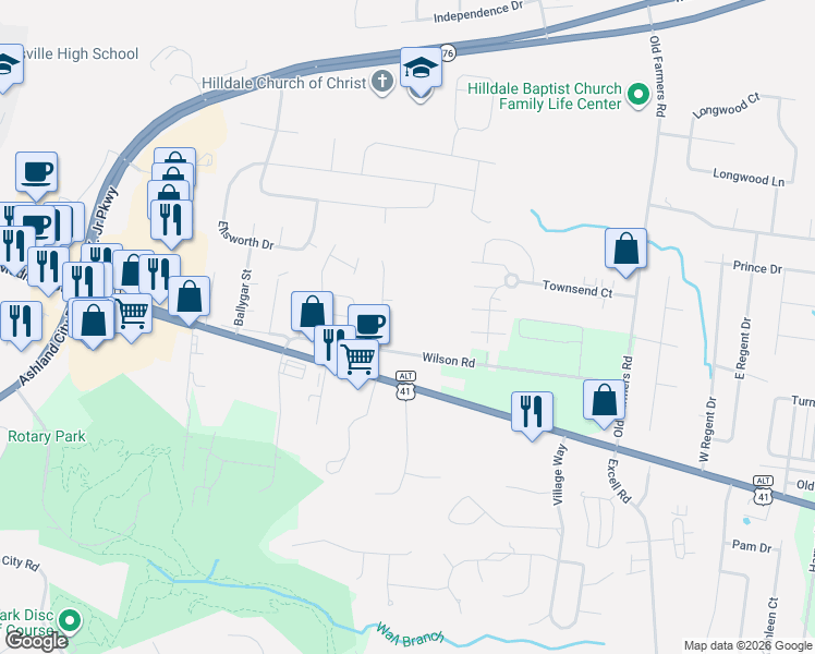 map of restaurants, bars, coffee shops, grocery stores, and more near 2515 Wilson Road in Clarksville