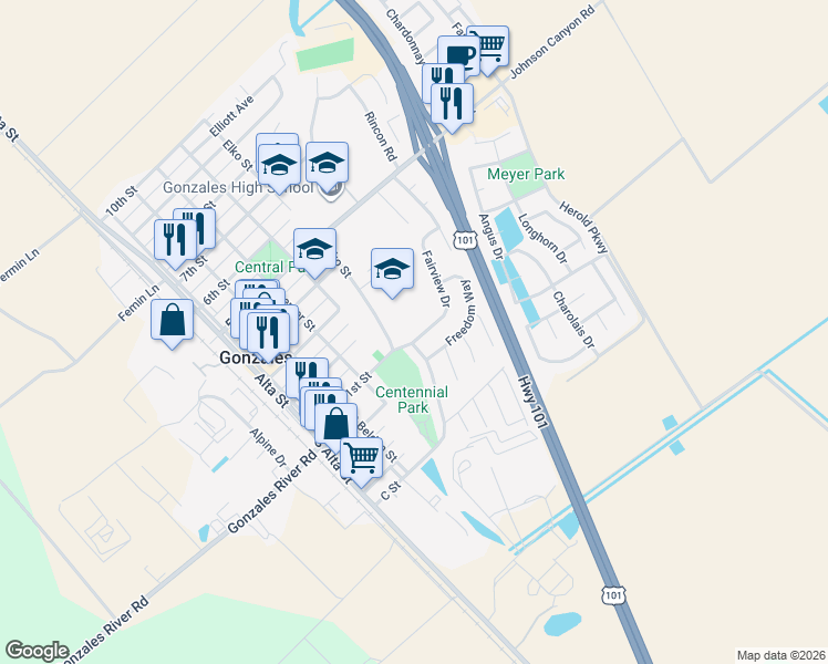 map of restaurants, bars, coffee shops, grocery stores, and more near 220 Elko Street in Gonzales