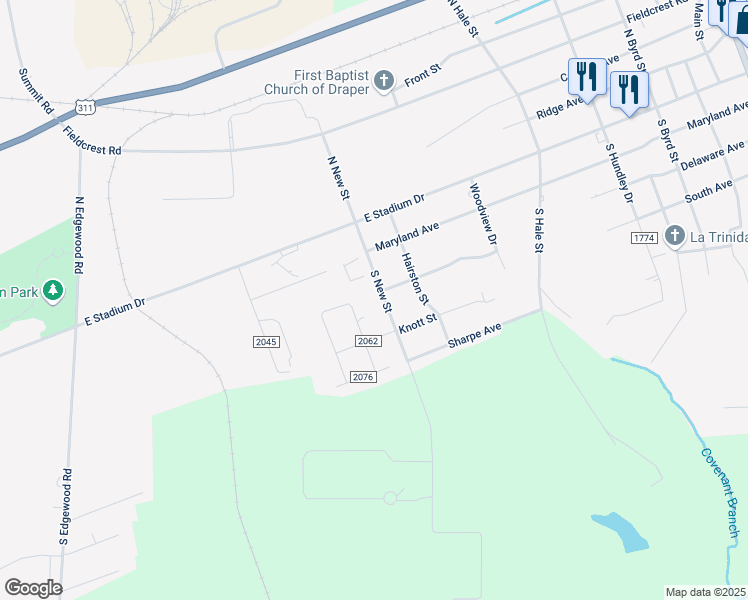 map of restaurants, bars, coffee shops, grocery stores, and more near 211 South New Street in Eden