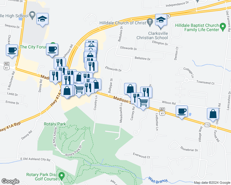 map of restaurants, bars, coffee shops, grocery stores, and more near 2455 Wilson Road in Clarksville