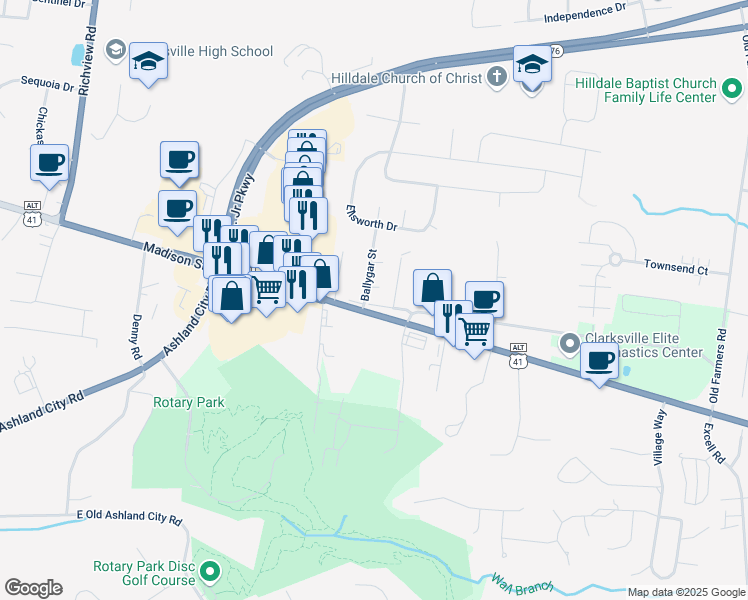 map of restaurants, bars, coffee shops, grocery stores, and more near 2440 Madison Street in Clarksville