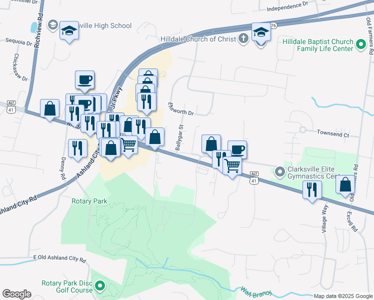 map of restaurants, bars, coffee shops, grocery stores, and more near 2453 Wilson Road in Clarksville