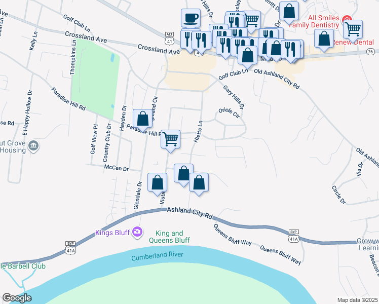 map of restaurants, bars, coffee shops, grocery stores, and more near 531 Hietts Lane in Clarksville