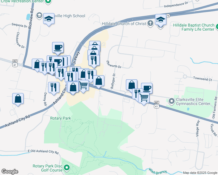 map of restaurants, bars, coffee shops, grocery stores, and more near 2440 Madison Street in Clarksville