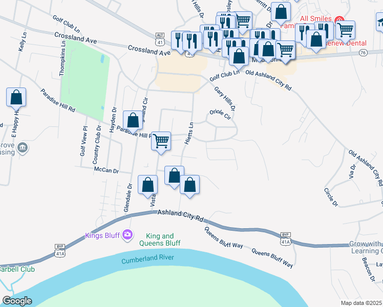 map of restaurants, bars, coffee shops, grocery stores, and more near 531 Hietts Lane in Clarksville