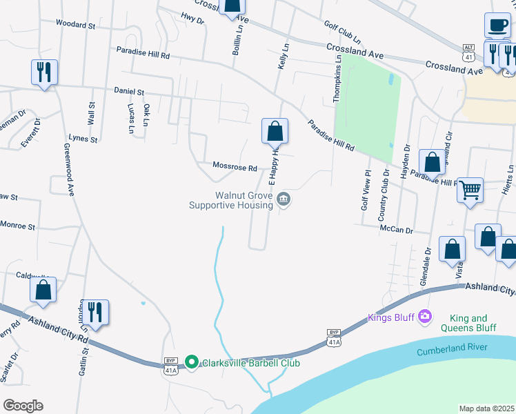 map of restaurants, bars, coffee shops, grocery stores, and more near 933 Woody Hills Drive in Clarksville