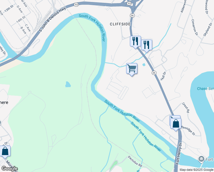 map of restaurants, bars, coffee shops, grocery stores, and more near 1210 Riverbend Drive in Kingsport