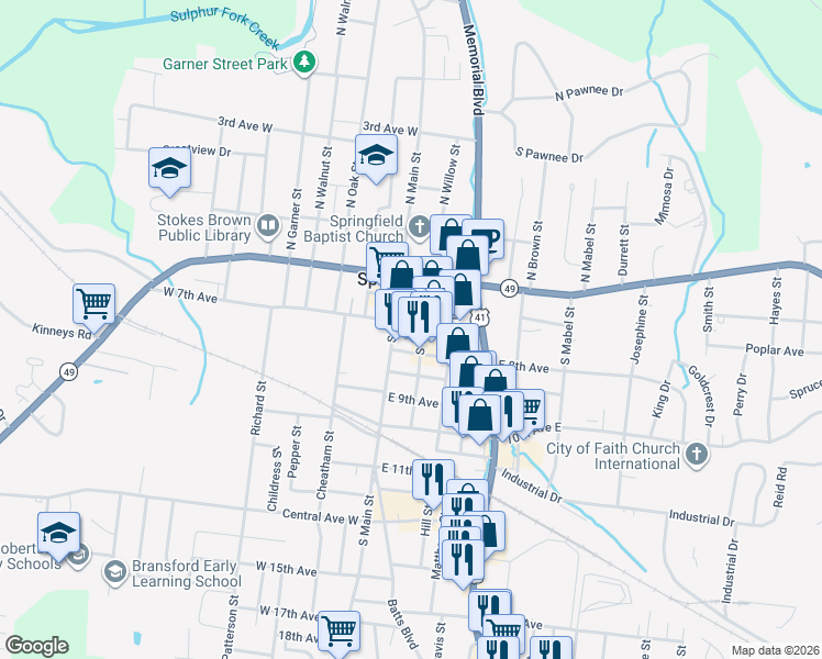 map of restaurants, bars, coffee shops, grocery stores, and more near 711 South Willow Street in Springfield