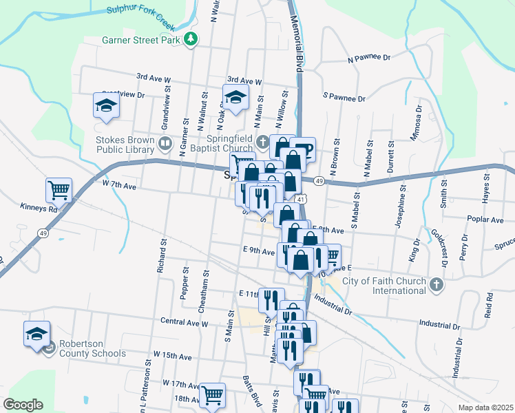 map of restaurants, bars, coffee shops, grocery stores, and more near 711 South Willow Street in Springfield