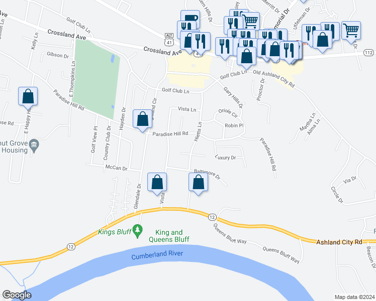 map of restaurants, bars, coffee shops, grocery stores, and more near 530 Hietts Lane in Clarksville