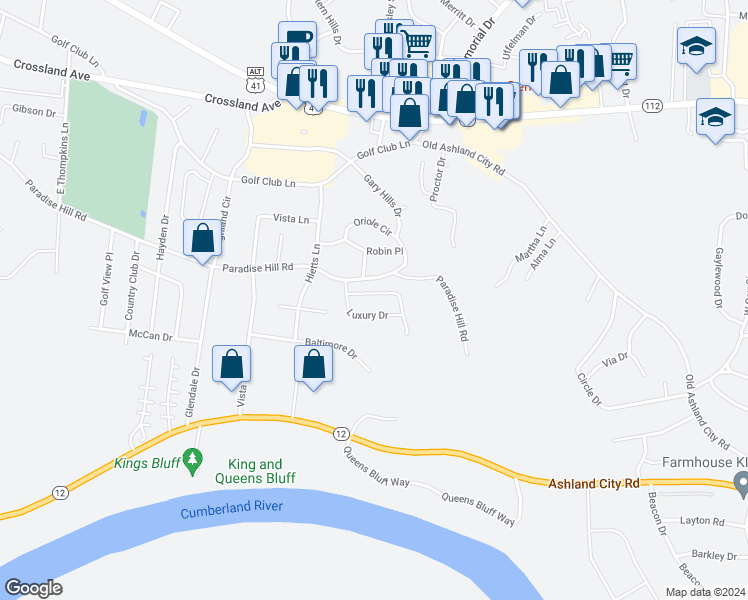 map of restaurants, bars, coffee shops, grocery stores, and more near 116 Maureen Drive in Clarksville