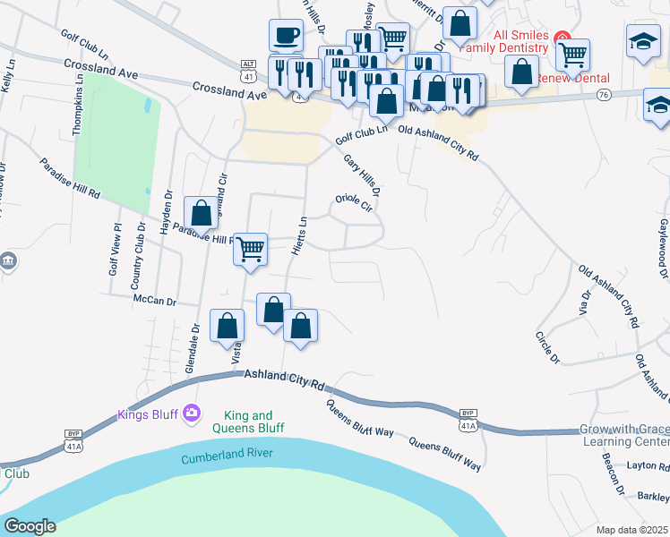 map of restaurants, bars, coffee shops, grocery stores, and more near 520 Luxury Drive in Clarksville