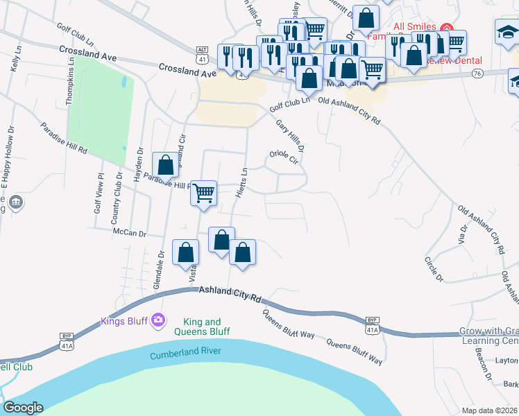 map of restaurants, bars, coffee shops, grocery stores, and more near 520 Luxury Drive in Clarksville