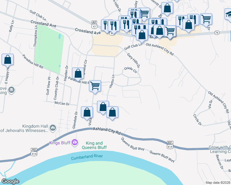 map of restaurants, bars, coffee shops, grocery stores, and more near 531 Hietts Lane in Clarksville