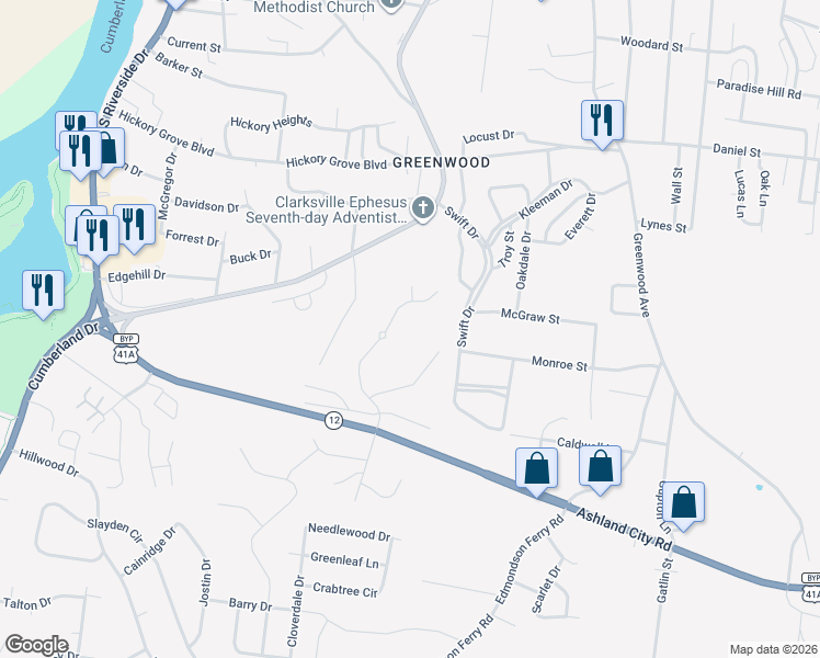 map of restaurants, bars, coffee shops, grocery stores, and more near 960 Swift Drive in Clarksville