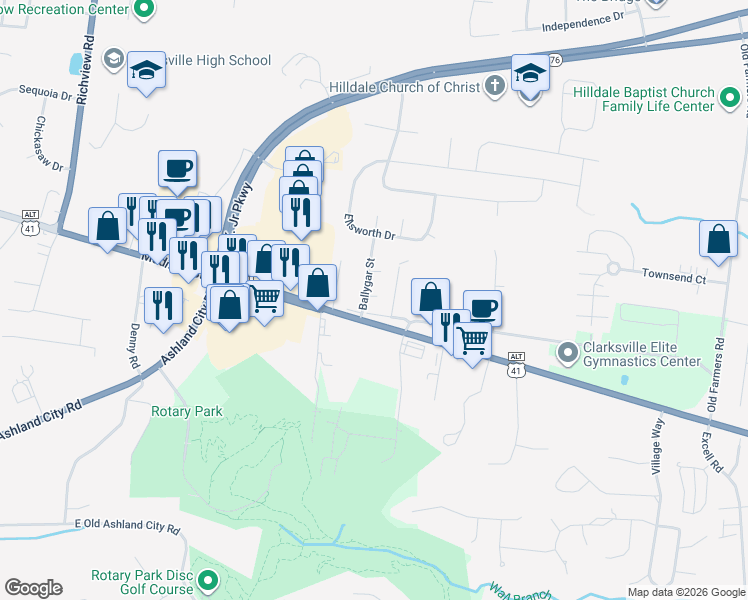 map of restaurants, bars, coffee shops, grocery stores, and more near 116 Coyote Court in Clarksville