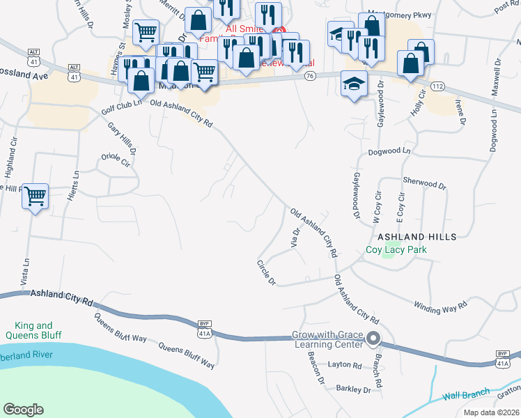 map of restaurants, bars, coffee shops, grocery stores, and more near 402 Redbud Lane in Clarksville