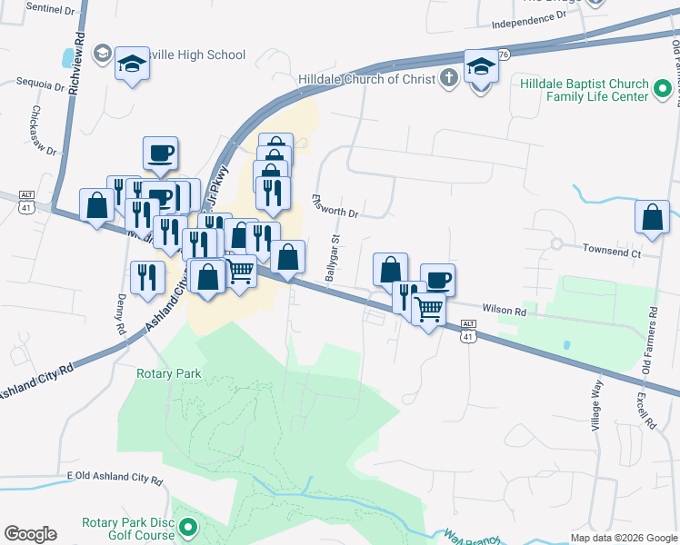 map of restaurants, bars, coffee shops, grocery stores, and more near 107 Ballygar Street in Clarksville