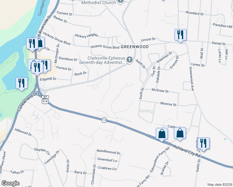 map of restaurants, bars, coffee shops, grocery stores, and more near 1211 Beverly Hills Drive in Clarksville
