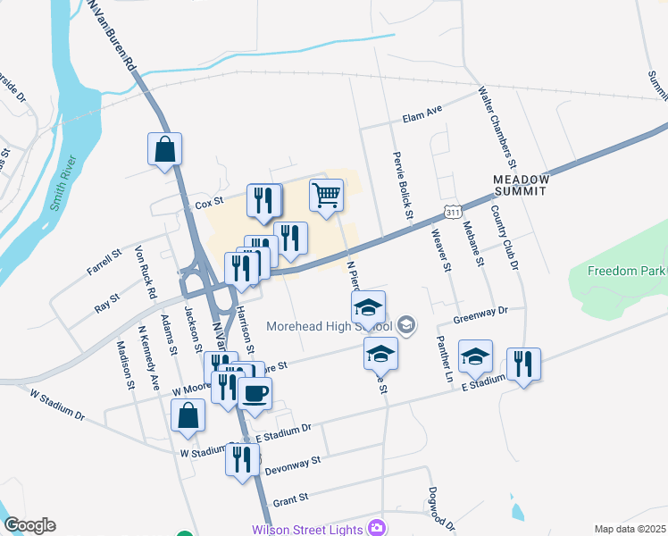 map of restaurants, bars, coffee shops, grocery stores, and more near 224 East Meadow Road in Eden