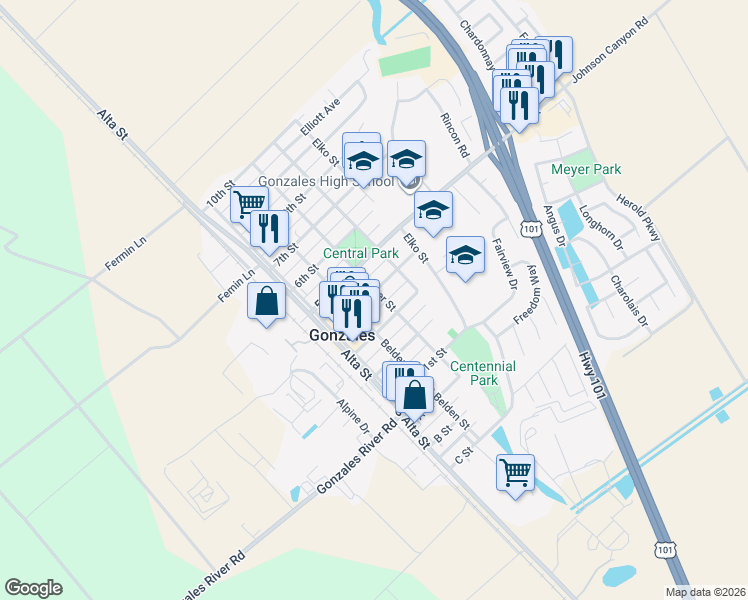 map of restaurants, bars, coffee shops, grocery stores, and more near 203 4th Street in Soledad