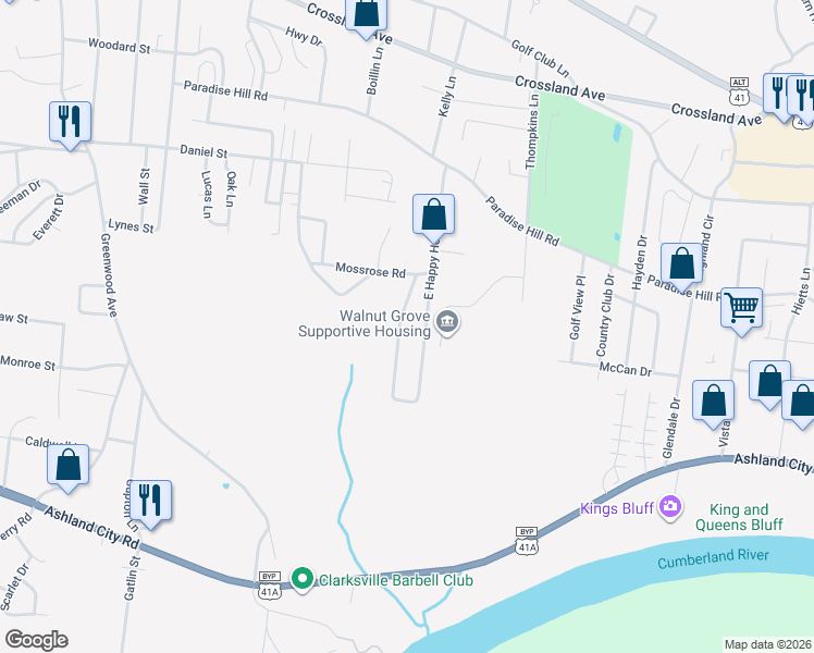 map of restaurants, bars, coffee shops, grocery stores, and more near 920 East Happy Hollow Drive in Clarksville