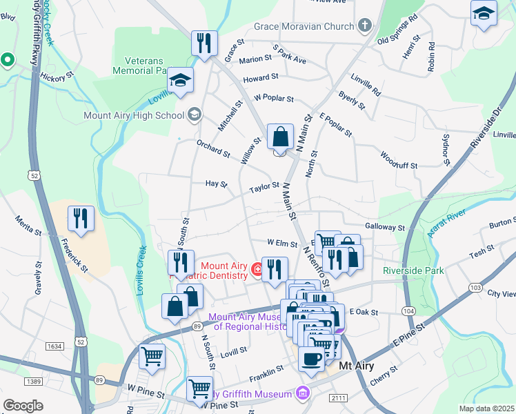 map of restaurants, bars, coffee shops, grocery stores, and more near 137 Taylor Street in Mount Airy