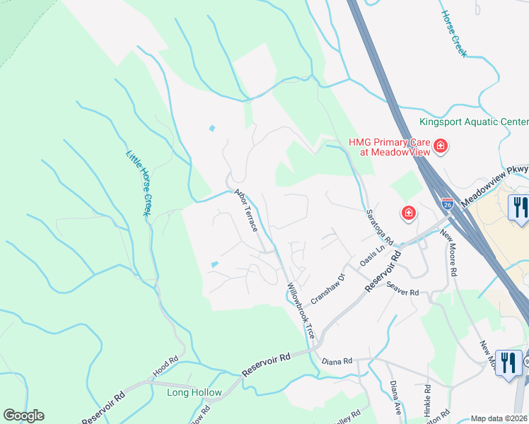 map of restaurants, bars, coffee shops, grocery stores, and more near 522 Willowbrook Trce in Kingsport
