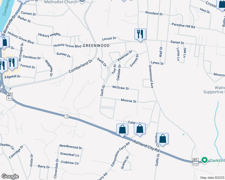 map of restaurants, bars, coffee shops, grocery stores, and more near 705 McGraw Street in Clarksville