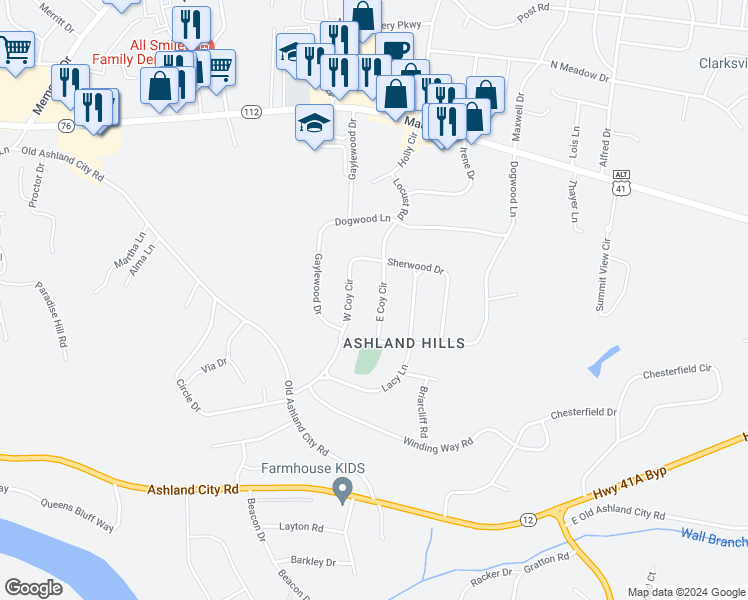 map of restaurants, bars, coffee shops, grocery stores, and more near 408 East Coy Circle in Clarksville