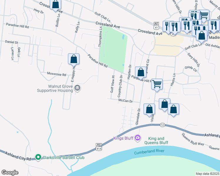 map of restaurants, bars, coffee shops, grocery stores, and more near 812 Golf View Place in Clarksville