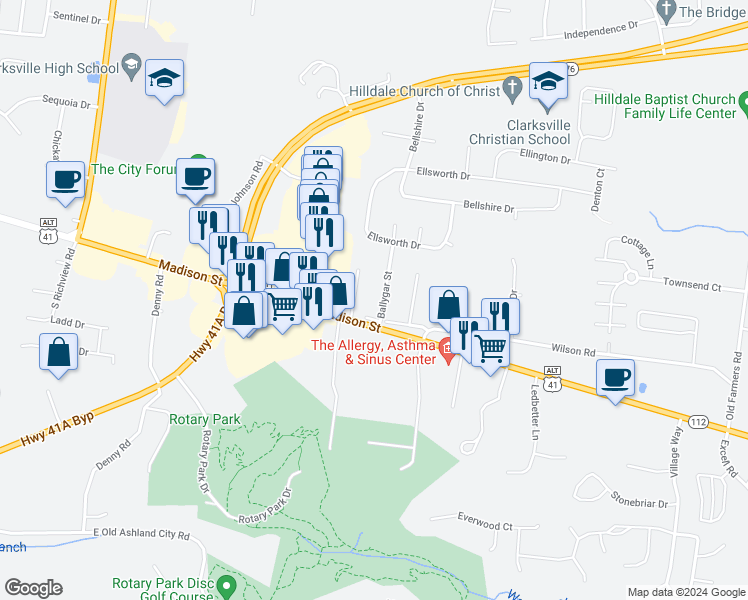 map of restaurants, bars, coffee shops, grocery stores, and more near 116 Ballygar Street in Clarksville