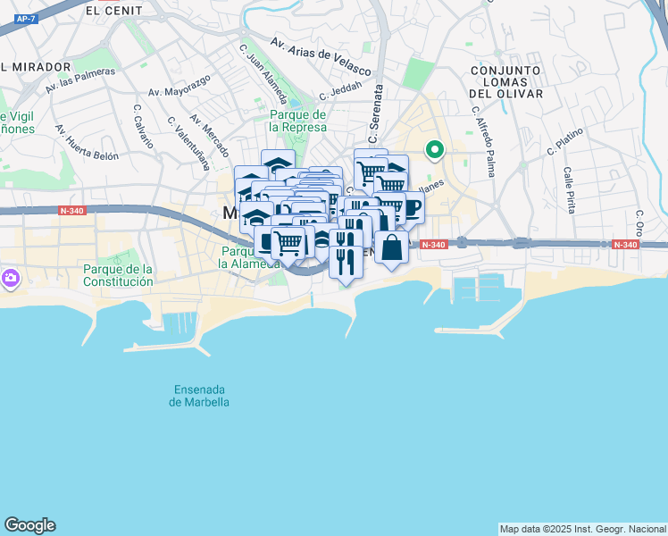 map of restaurants, bars, coffee shops, grocery stores, and more near 6 Avenida Severo Ochoa in Marbella