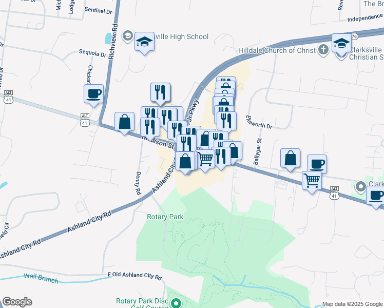 map of restaurants, bars, coffee shops, grocery stores, and more near 2304 Madison Street in Clarksville