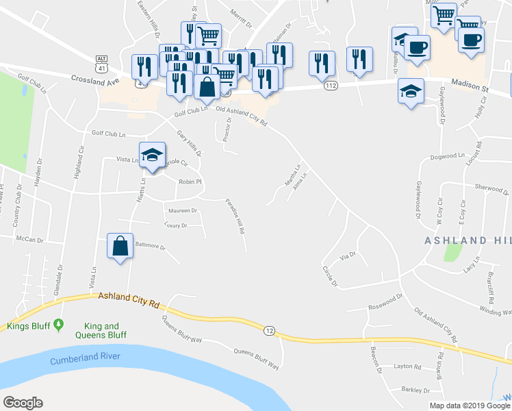 map of restaurants, bars, coffee shops, grocery stores, and more near 470 Martha Lane in Clarksville