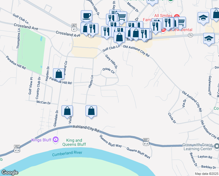 map of restaurants, bars, coffee shops, grocery stores, and more near 1669 Paradise Hill Road in Clarksville