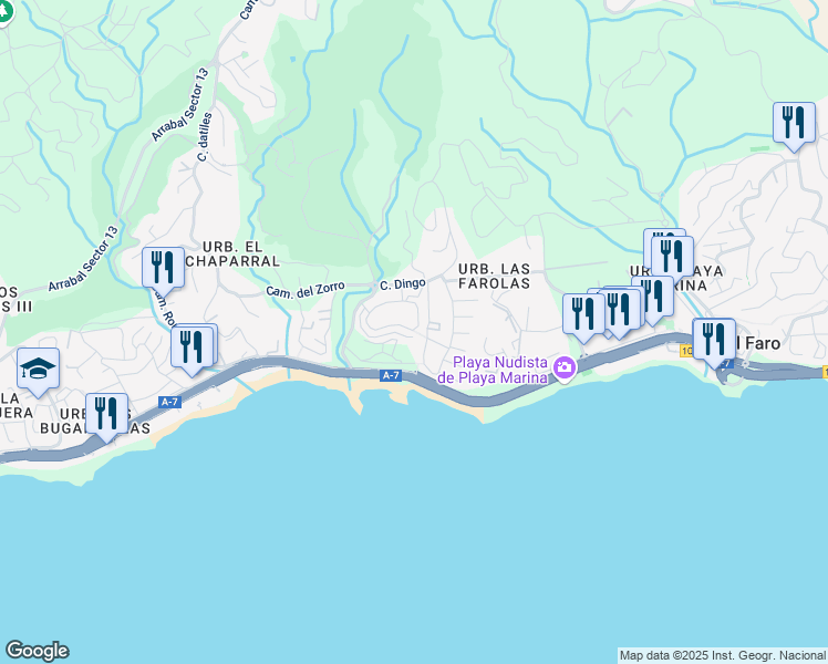 map of restaurants, bars, coffee shops, grocery stores, and more near 26 Avenida Carmen Werner in Las Lagunas de Mijas