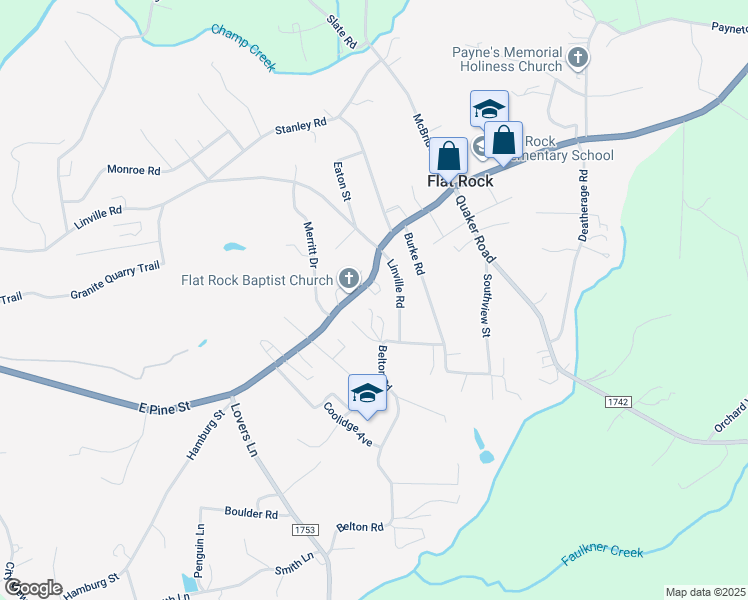 map of restaurants, bars, coffee shops, grocery stores, and more near 1330 East Pine Street in Mount Airy