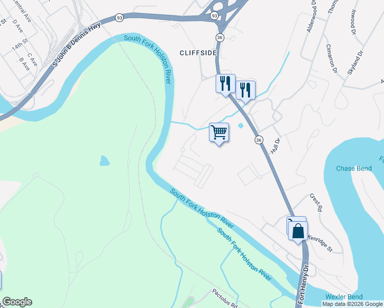 map of restaurants, bars, coffee shops, grocery stores, and more near 3053 Cliffside Road in Kingsport