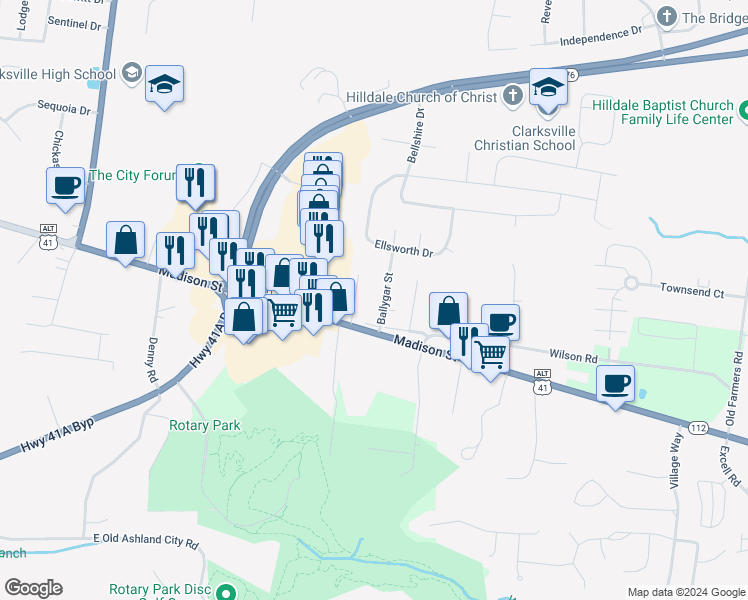 map of restaurants, bars, coffee shops, grocery stores, and more near 116 Ballygar Street in Clarksville