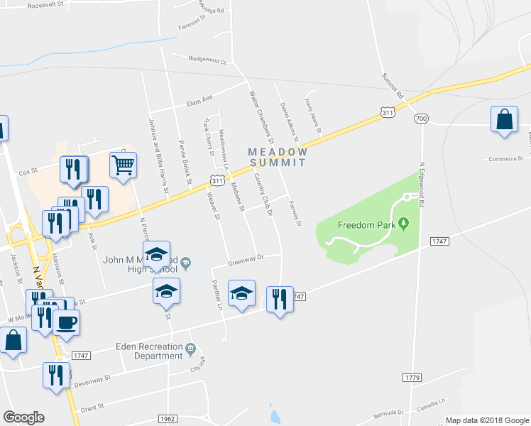 map of restaurants, bars, coffee shops, grocery stores, and more near 231 Country Club Drive in Eden
