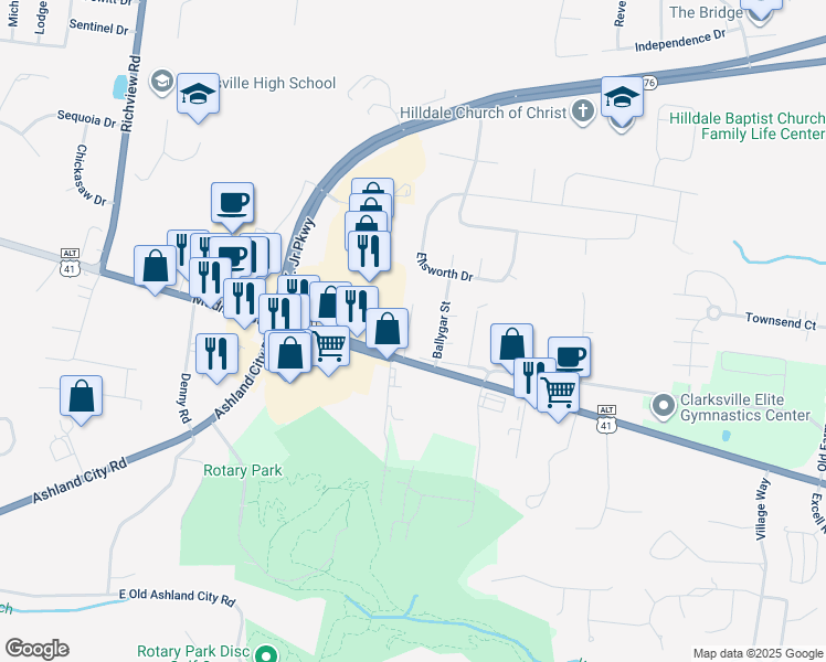 map of restaurants, bars, coffee shops, grocery stores, and more near 2421 Madison Street in Clarksville