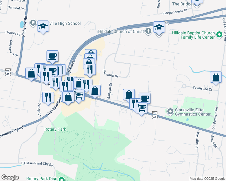 map of restaurants, bars, coffee shops, grocery stores, and more near 115 Ballygar Street in Clarksville