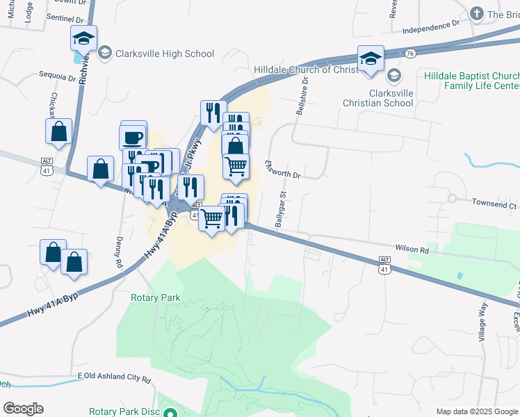 map of restaurants, bars, coffee shops, grocery stores, and more near 2315 Madison Street in Clarksville