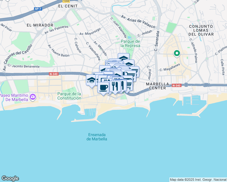 map of restaurants, bars, coffee shops, grocery stores, and more near 3 Calle Carlos Mackintosh in Marbella