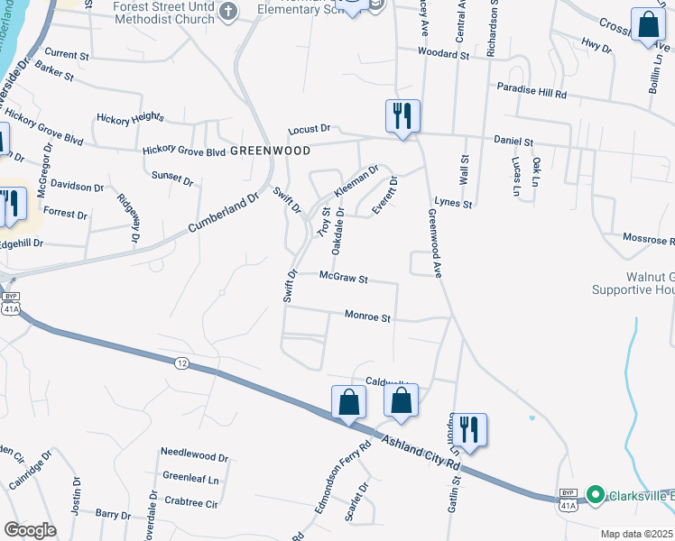 map of restaurants, bars, coffee shops, grocery stores, and more near 717 McGraw Street in Clarksville