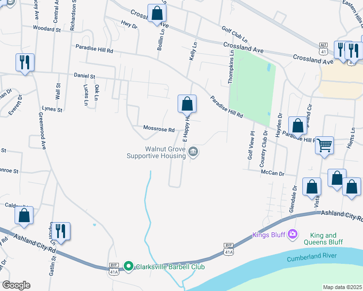map of restaurants, bars, coffee shops, grocery stores, and more near 920 East Happy Hollow Drive in Clarksville
